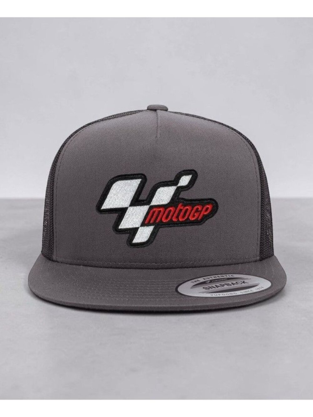 MotoGP Patch on YP Flat Bill Trucker Hat Mesh Back Snapback charcoal/black